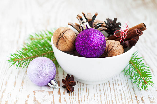 Still life of a bowl of Christmas ornaments