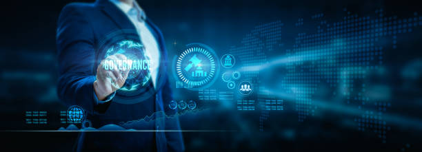 istock Business, Technology, the Internet, and network concepts Young businessman working on a virtual screen of the future and sees the inscription, Governance 1820777477