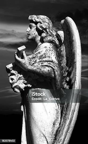 Statua Di Angelo Su Sfondo Di Cimitero Al Tramonto - Fotografie stock e altre immagini di Angelo - Angelo, Piuma, Protezione
