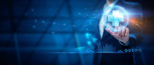 istock Man holds medical network connection icons. People develop awareness and spread attention about healthcare, leading to rising growth in health insurance. Science, Digital healthcare, and virtual medical technology. 1820785610