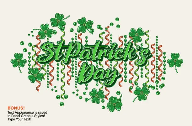 Vector illustration of St Patricks Day label with clover leaves, ribbons