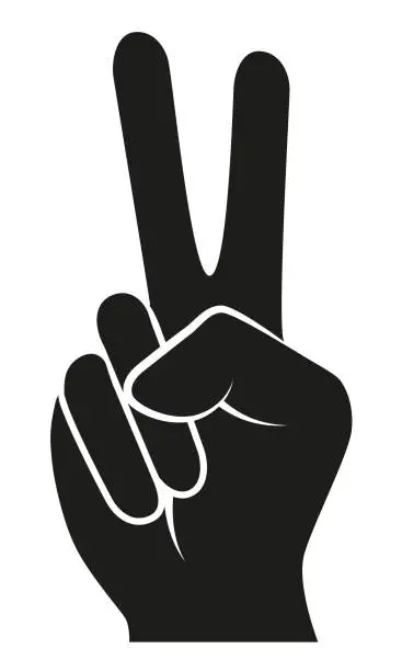 Vector illustration of V sign hand gesture with two fingers raised for victory and peace symbol, black and white vector silhouette illustration