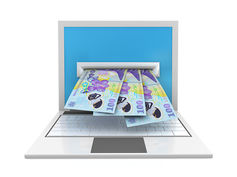 3d laptop computer and Romanian Lei banknotes