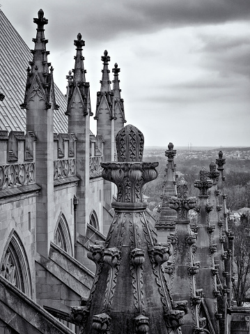 This image was made in March 2013 on the roof of the Washington National Cathedral (Episcopal) in Washington DC. 

This view is looking down the east side of the Cathedral, where we see a repeating pattern of pinnacles and flying buttresses. 

Many of the pinnacles throughout the Cathedral were toppled or otherwise damaged during an earthquake in August 2011. By the time of this photo, most of the pinnacles were restored and put in place, as seen in this photo. 

Unlike many modern churches and cathedrals, the flying buttresses are structural, not merely decorative. The Cathedral was built in the traditional style of historical Gothic cathedrals, that is, stone on stone, without a steel frame and without mortar. 

Started in 1907 during the presidency of William Howard Taft, work was essentially completed during the Clinton administration. However, if you walk through the triforium section, you will see some small sections of 