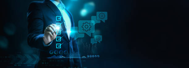 istock Consulting Technology Communication TOUCHSCREEN FUTURISTIC CONCEPT The businessman presses the button on the touch-screen interface and selects service. busines concept. 1820795603