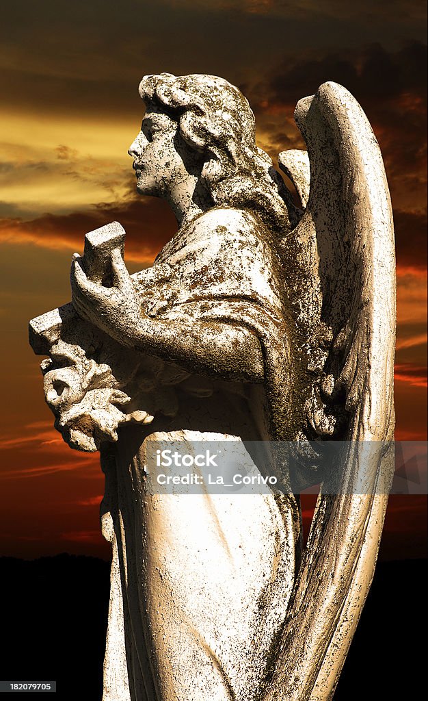 Statue de l'ange sur Cimetière au coucher du soleil en arrière-plan - Photo de Aile d'animal libre de droits