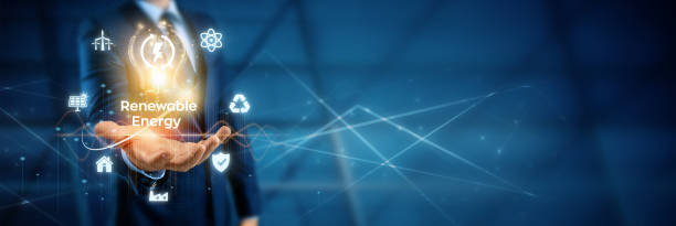 istock Hand holding a light bulb in front of a world map, representing global consumption with icons for renewable energy sources. 1820798889