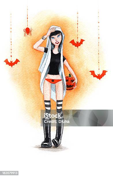 Watercolor Halloween Girl With Pumpkin Stock Illustration - Download Image Now - Adult, Animal, Black Color