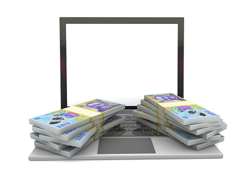 3d laptop computer and Romanian Lei banknotes