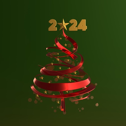 Modern and shiny red Christmas tree with sprinkles on green background with Merry Christmas text. 3D render isolated on green background. Easy to crop for all your print sizes and social media needs.
