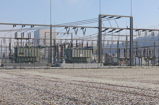Closeup of an electrical substation, Zaragoza Province, Aragon in Spain.