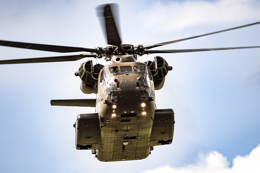 German Air Force Sikorsky CH-53 Stallion transport helicopter in flight over Fliegerhorst Jagel, Germany - June 13, 2019