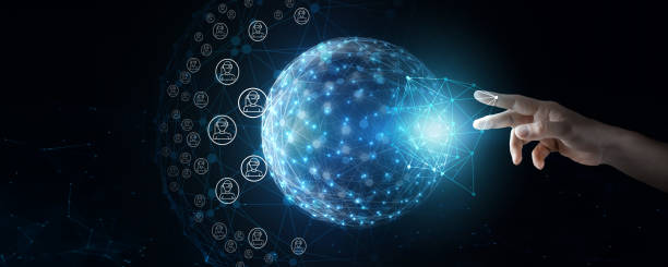 istock Engineer connects to a global network and receives virtual reality data from the network's background. 1820806016
