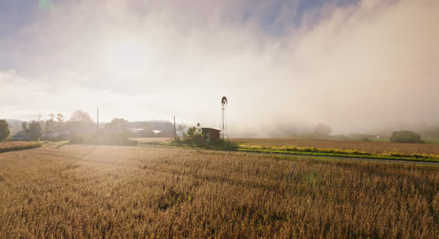 Wind Pump Surrounded by Fallow Fields on Misty Fall Morning - Aerial