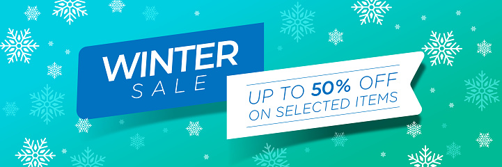 Winter sale vector poster or banner in horizontal format with discount text and snow. Shopping promotion template. Editable vector illustration.