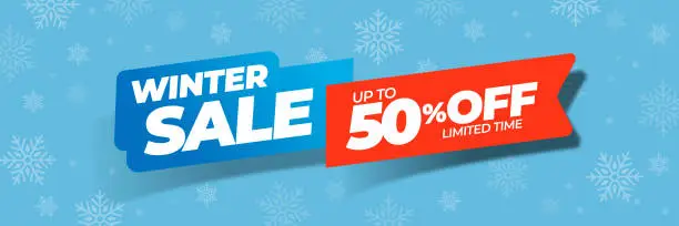 Vector illustration of Winter sale vector poster or banner in horizontal format with discount text and snow. Shopping promotion template. Editable vector illustration.