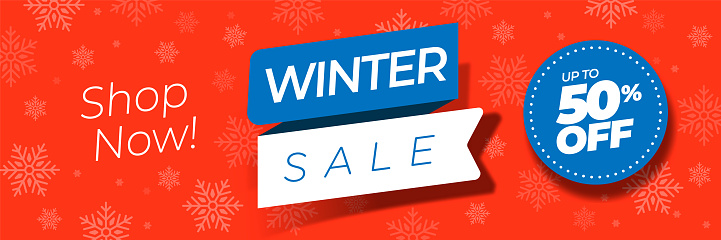Winter sale vector poster or banner in horizontal format with discount text and snow. Shopping promotion template. Editable vector illustration.