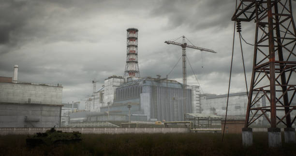 Digitally generated Chornobyl NPP (the original/old sarcophagus covering the destroyed reactor no. 4) on a dark and cloudy day.The scene was created in Autodesk® 3ds Max 2024 with V-Ray 6 and rendered with photorealistic shaders and lighting in Chaos® Vantage with some post-production added.