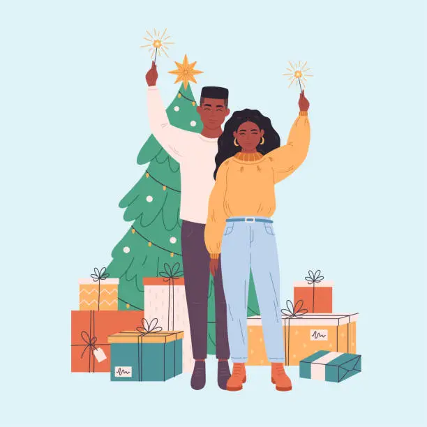 Vector illustration of Family couple standing near Christmas tree with presents and celebrating Christmas or New Year. Vector illustration in flat style