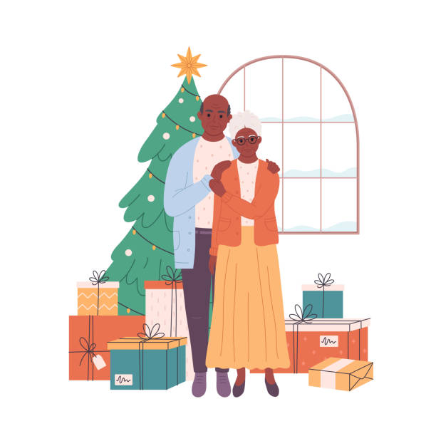 ilustrações, clipart, desenhos animados e ícones de casal de idosos comemorando natal ou ano novo. árvore de natal com presentes. ilustração vetorial em estilo plano - christmas present senior men surprise gift box