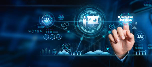 istock Businessman presses the button on the touch-screen interface and selects the IT Consulting Services icon. Consulting services include business, finance, and development concepts. Businessman presses a button on a virtual screen. 1820841172