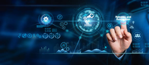 istock Engineers check and control welding robotics automatic arms machines in intelligent factories in automotive and industrial industries with monitoring system software. Digital manufacturing operation. Industry 4.0. 1820841698