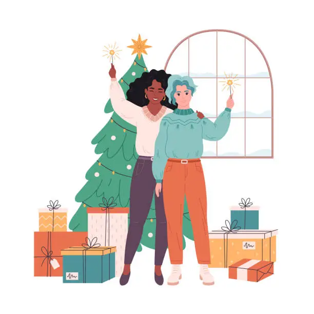 Vector illustration of Lesbian couple standing near Christmas tree with presents and celebrating Christmas or New Year. Vector illustration in flat style