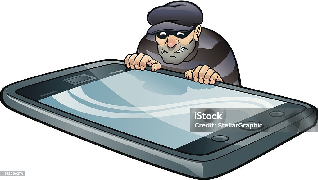 Cell Phone Thief Image of a burglar peeking up over a smart phone. He may be there to steal your phone, or maybe more interested in the sensitive information you keep on it. Thief stock vector