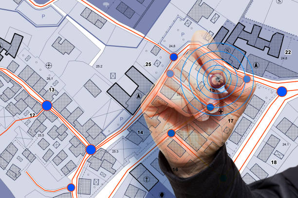 istock Layout of facilities and services systems, plant engineering located below street level - concept with imaginary cadastral map 1820864668