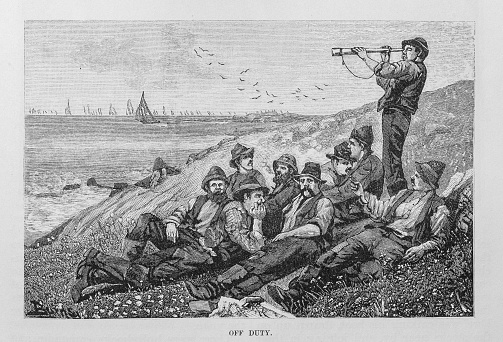 Engraving  from Harper's New Monthly Magazine Volume LXL June to November 1880:  A group of men relax as they lay on a grassy hillside on the Maine coast while one of their number stands to scan the horizon with a telescope.