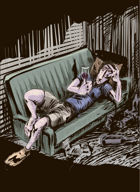 depressiver mann liegt auf dem sofa und trinkt alkohol - alcoholism drunk hangover grief stock-grafiken, -clipart, -cartoons und -symbole