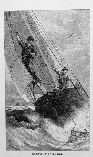 Engraving  from Harper's New Monthly Magazine Volume LXL June to November, 1880 :  Dramatic image of the crew of a schooner, one posed with a harpoon for swordfish, and another holding a coil of rope off the Maine Coast.