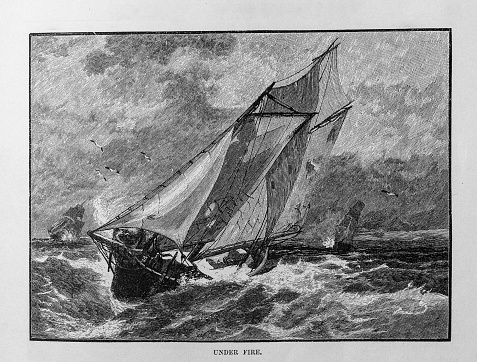 Engraving  from Harper's New Monthly Magazine Volume LXL June to November, 1880 :   A ketch with tattered sails races to outrun two chasing cutters that are firing on it during a sea battle off the Maine Coast.