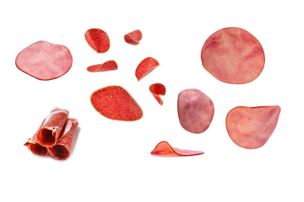 istock Falling tasty salami isolated on white background. 1820889987