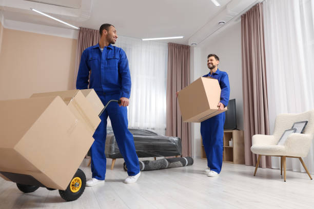 istock Male movers with cardboard boxes in new house 1820896439