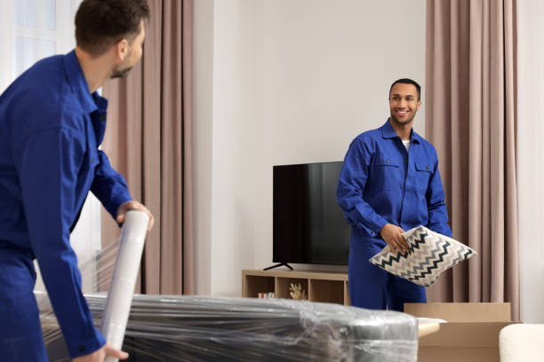 istock Male movers with sofa and pillow in new house 1820898126