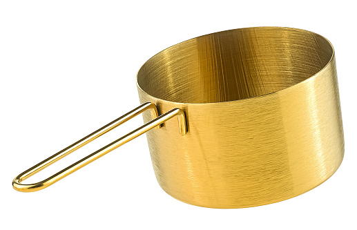 Empty golden saucepan isolated on a white background. Modern stainless steel pot. Kitchen utensils.
