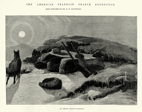 Vintage illustration from Frederick Schwatka's search for Franklin's lost expedition, An Arctic night's lodging, 1880s, 19th Century Artic exploration
