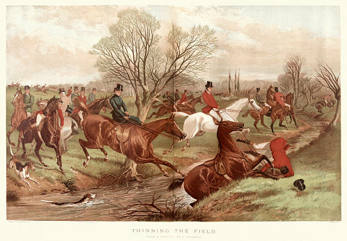 Vintage illustration Hunting scene, Hunters, horses and dogs crossing water filled ditch, Victorian blood sports, 19th Century history