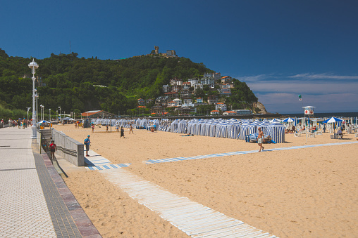 San Sebastian, Spain - July 26 2016: Ondarreta Beach and Monte Igueldo.