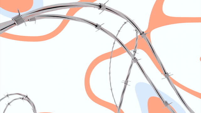 Colorful abstraction with stains and a barbed wire. Design. Curved metal wire with thorns with orange and blue pattern on a white background