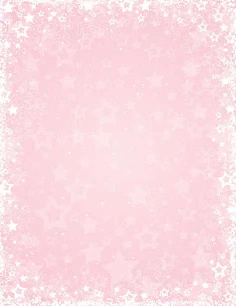 Vector illustration of Pink Christmas background with frame of white snowflakes and stars. Merry Christmas and Happy New Year greeting banner. New year background, headers, posters, cards, website. Vector illustration