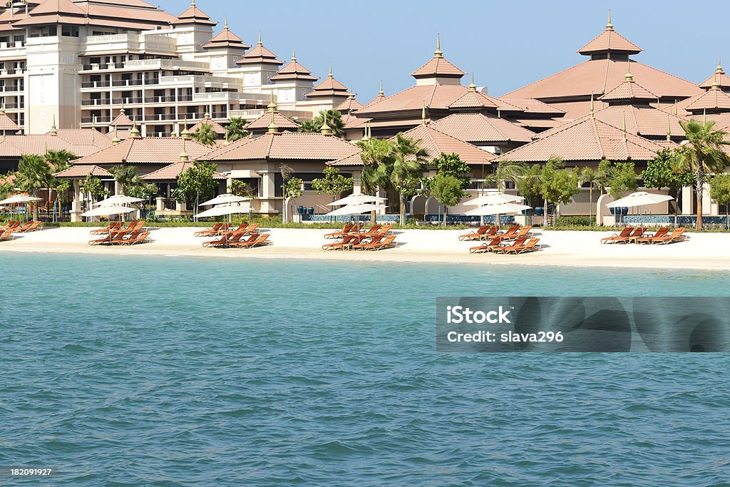 Beach of the luxury Thai style hotel on Palm Jumeirah Beach of the luxury Thai style hotel on Palm Jumeirah man-made island, Dubai, UAE Dubai Stock Photo