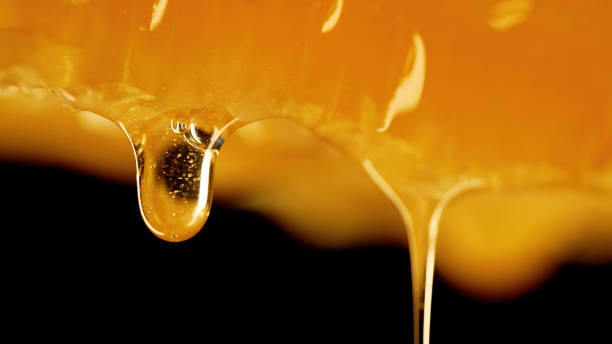 istock Honey dripping from honeycombs extreme macro.Natural bees wax cells, gold elixir 1820924554