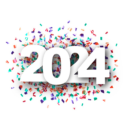 New year 2024 text with confetti on white background