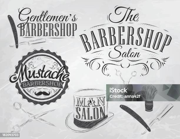 Vetores de Conjunto De Barbearia Com Desenho De Carvão e mais imagens de Selo Postal - Selo Postal, Cabelo Humano, Cortar - Atividade