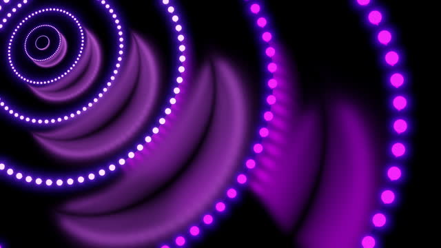 Abstract moving concentric rings of glowing spheres on a dark background. Design. Flowing round silhouettes of dots