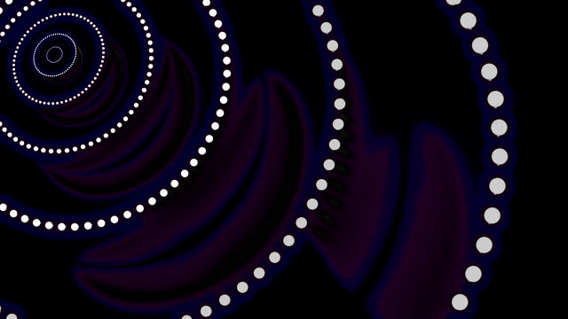 Abstract moving concentric rings of glowing spheres on a dark background. Design. Flowing round silhouettes of dots