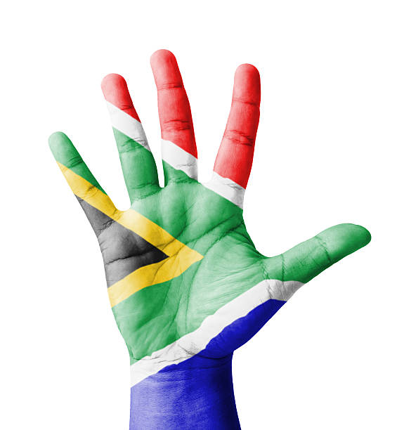 alzar la mano abierta, multiusos concepto, sudáfrica bandera pintado - international team soccer concepts and ideas geographical locations south africa fotografías e imágenes de stock