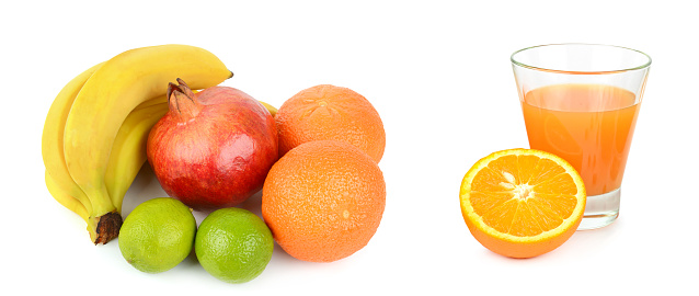Set of citrus fruits and fruit juice in a glass isolated on a white background. Collage. Wide photo.